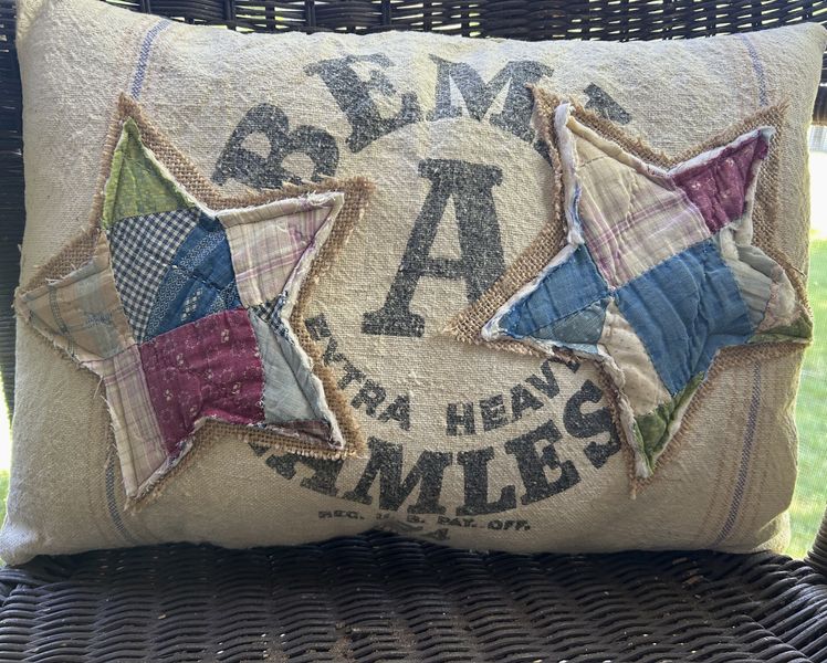 Vintage Bemis Grain Sack Star Pillow with Antique Quilt Stars