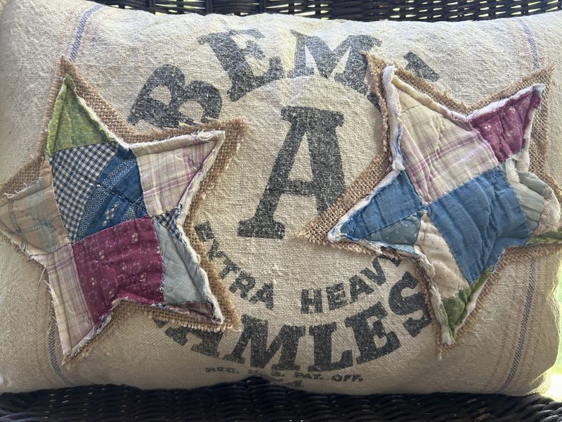 Vintage Bemis Grain Sack Star Pillow with Antique Quilt Stars