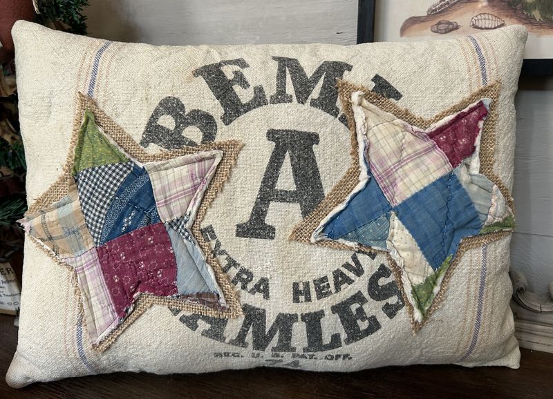 Vintage Bemis Grain Sack Star Pillow with Antique Quilt Stars
