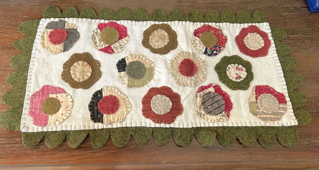 Handstitched Wool and Antique Quilt Applique Flower Table Runner | Handmade Hand Appliqued Table Topper