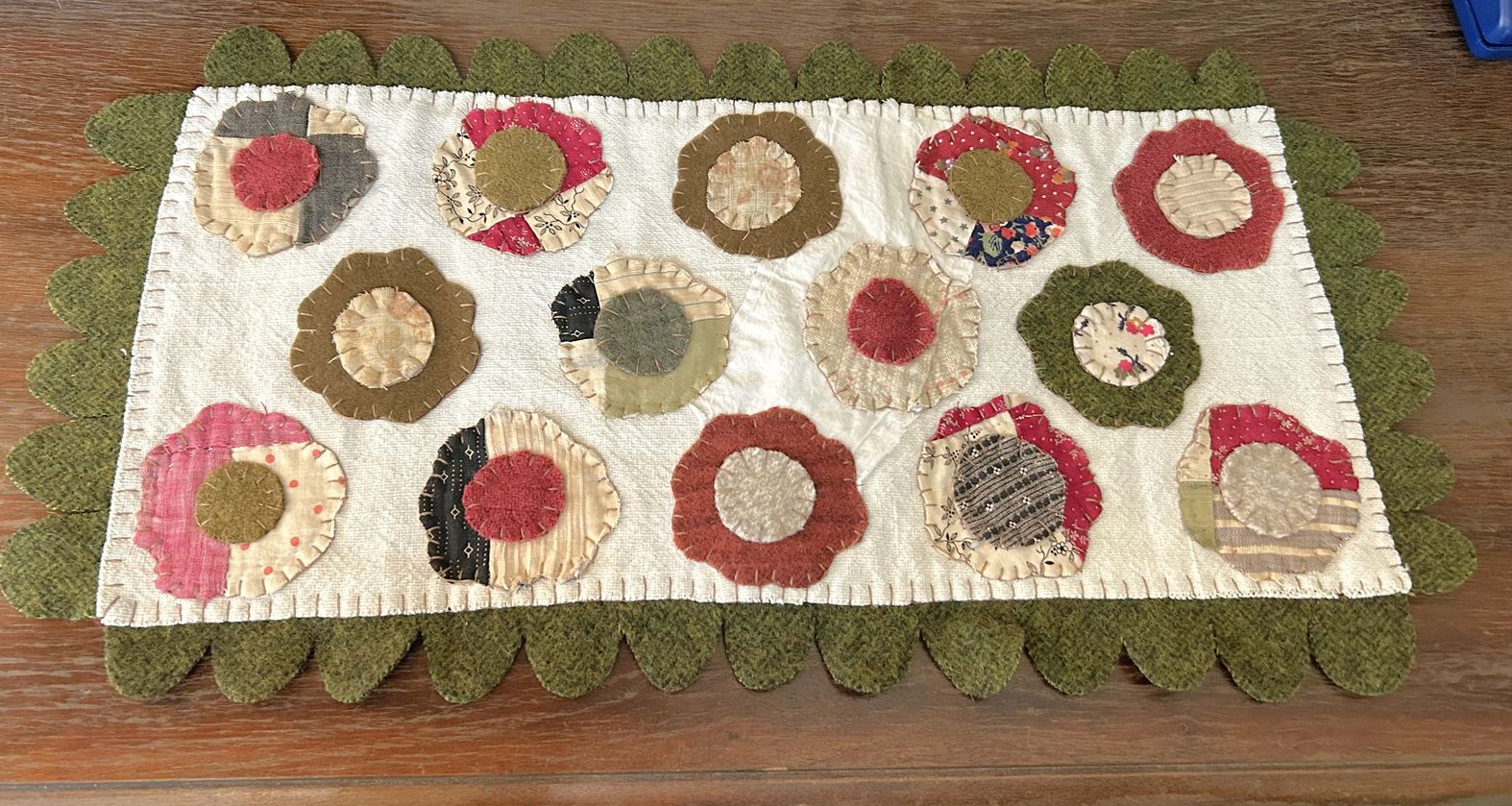 Handstitched Wool and Antique Quilt Applique Flower Table Runner | Handmade Hand Appliqued Table Topper