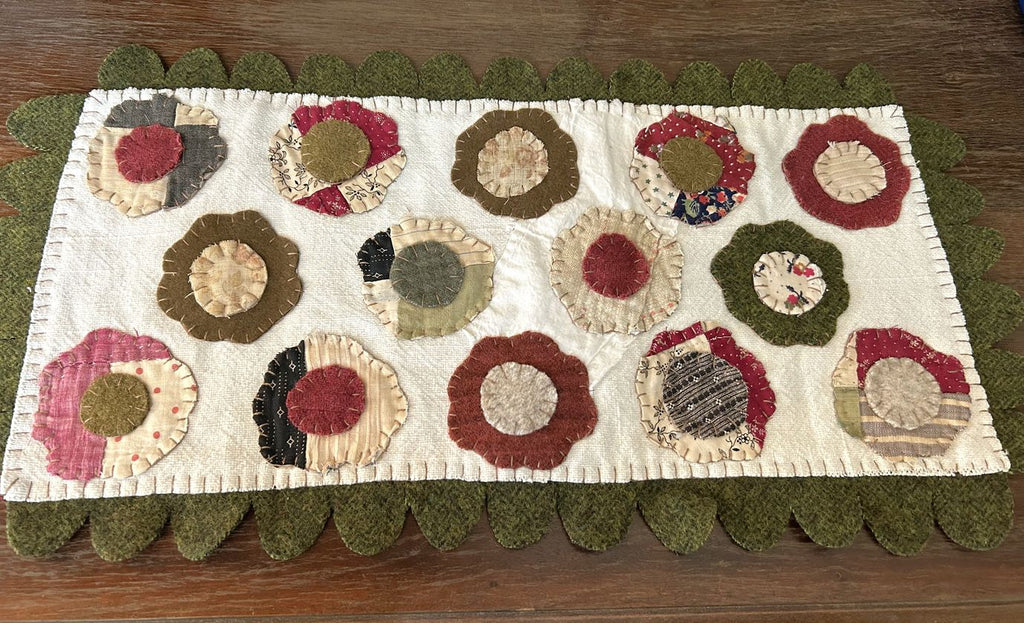 Handstitched Wool and Antique Quilt Applique Flower Table Runner | Handmade Hand Appliqued Table Topper