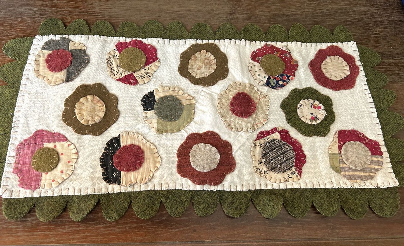 Handstitched Wool and Antique Quilt Applique Flower Table Runner | Handmade Hand Appliqued Table Topper