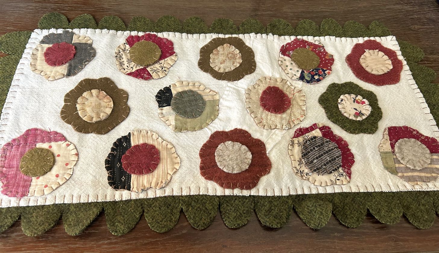 Handstitched Wool and Antique Quilt Applique Flower Table Runner | Handmade Hand Appliqued Table Topper