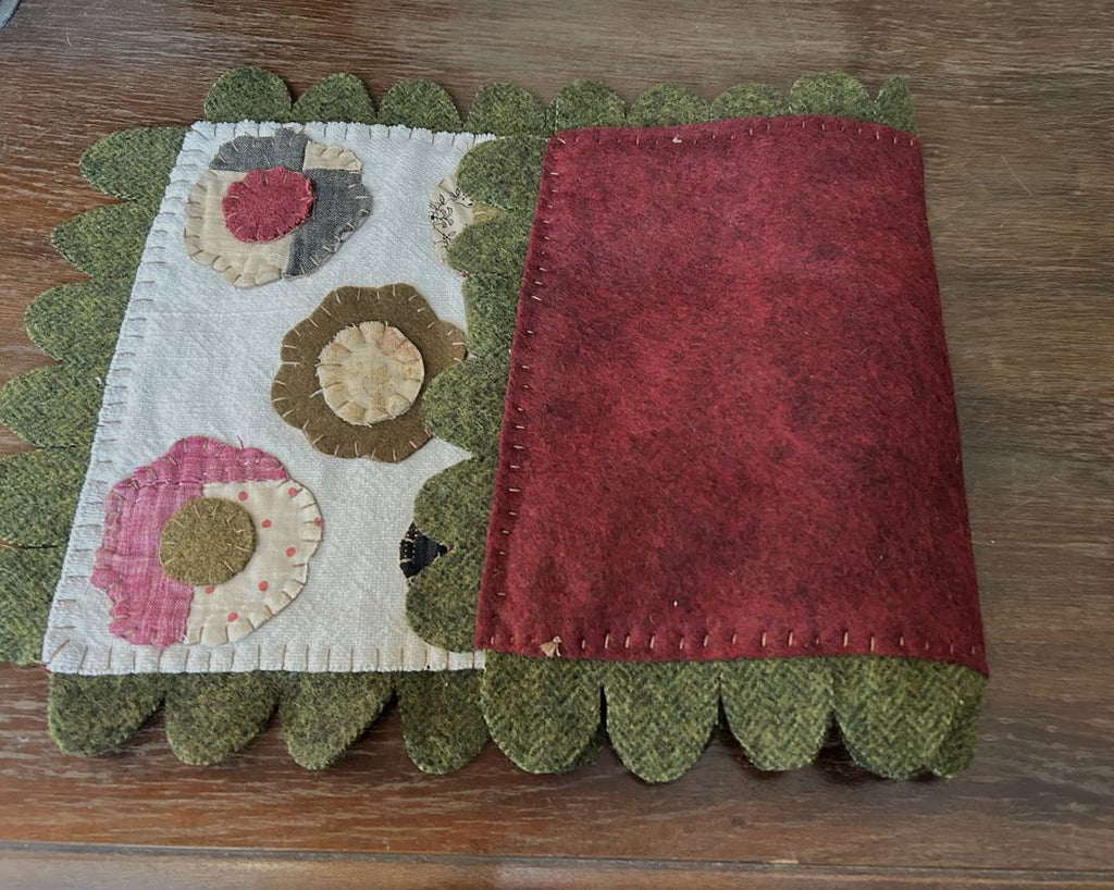 Handstitched Wool and Antique Quilt Applique Flower Table Runner | Handmade Hand Appliqued Table Topper