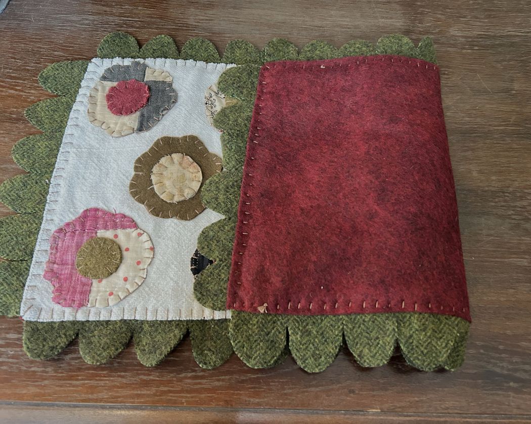 Handstitched Wool and Antique Quilt Applique Flower Table Runner | Handmade Hand Appliqued Table Topper