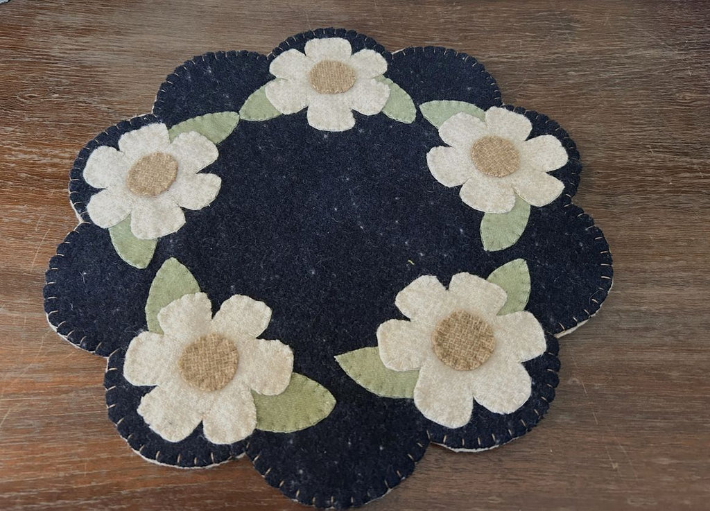 Handmade Wool Applique Daisy Candle Mat | Primitive Summer Decor