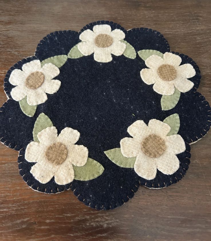 Handmade Wool Applique Daisy Candle Mat | Primitive Summer Decor