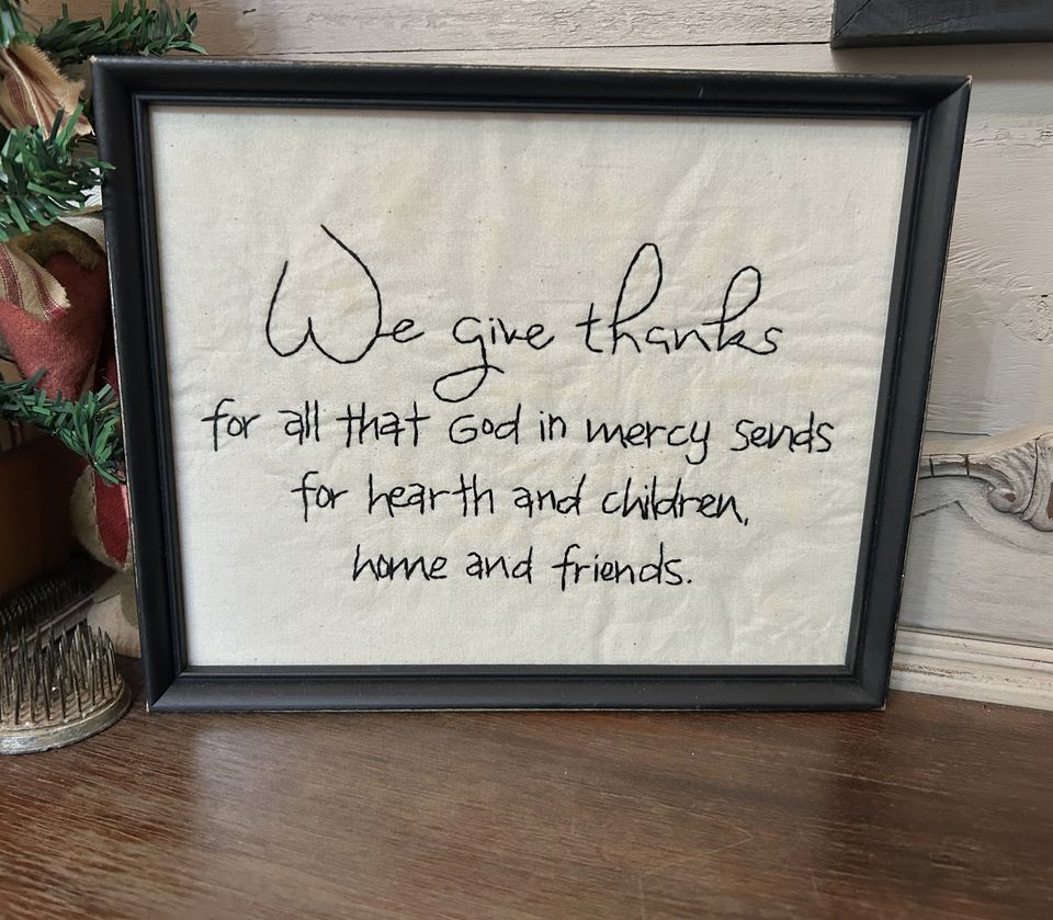 Handstitched Wall Hanging - We Give Thanks - Framed Stitchery