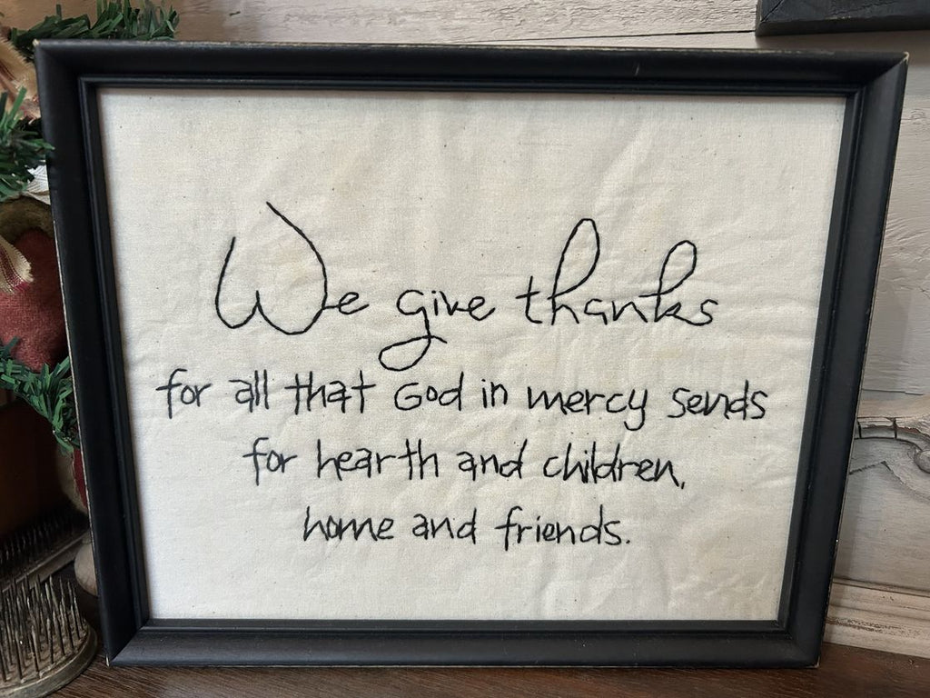Handstitched Wall Hanging - We Give Thanks - Framed Stitchery