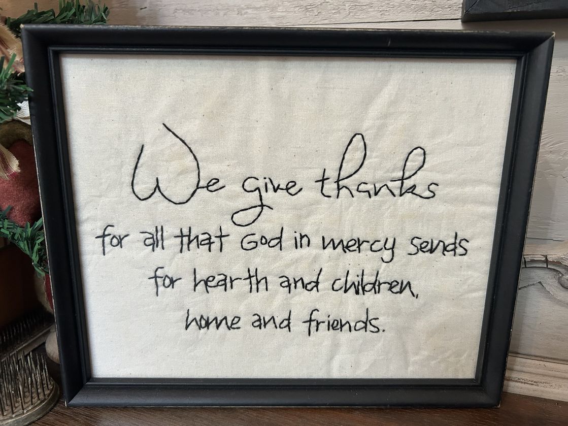 Handstitched Wall Hanging - We Give Thanks - Framed Stitchery