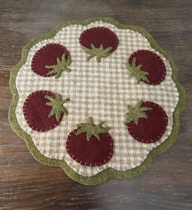 Handstitched Wool Applique Tomato Candle Mat