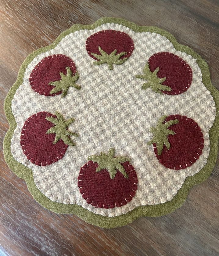 Handstitched Wool Applique Tomato Candle Mat