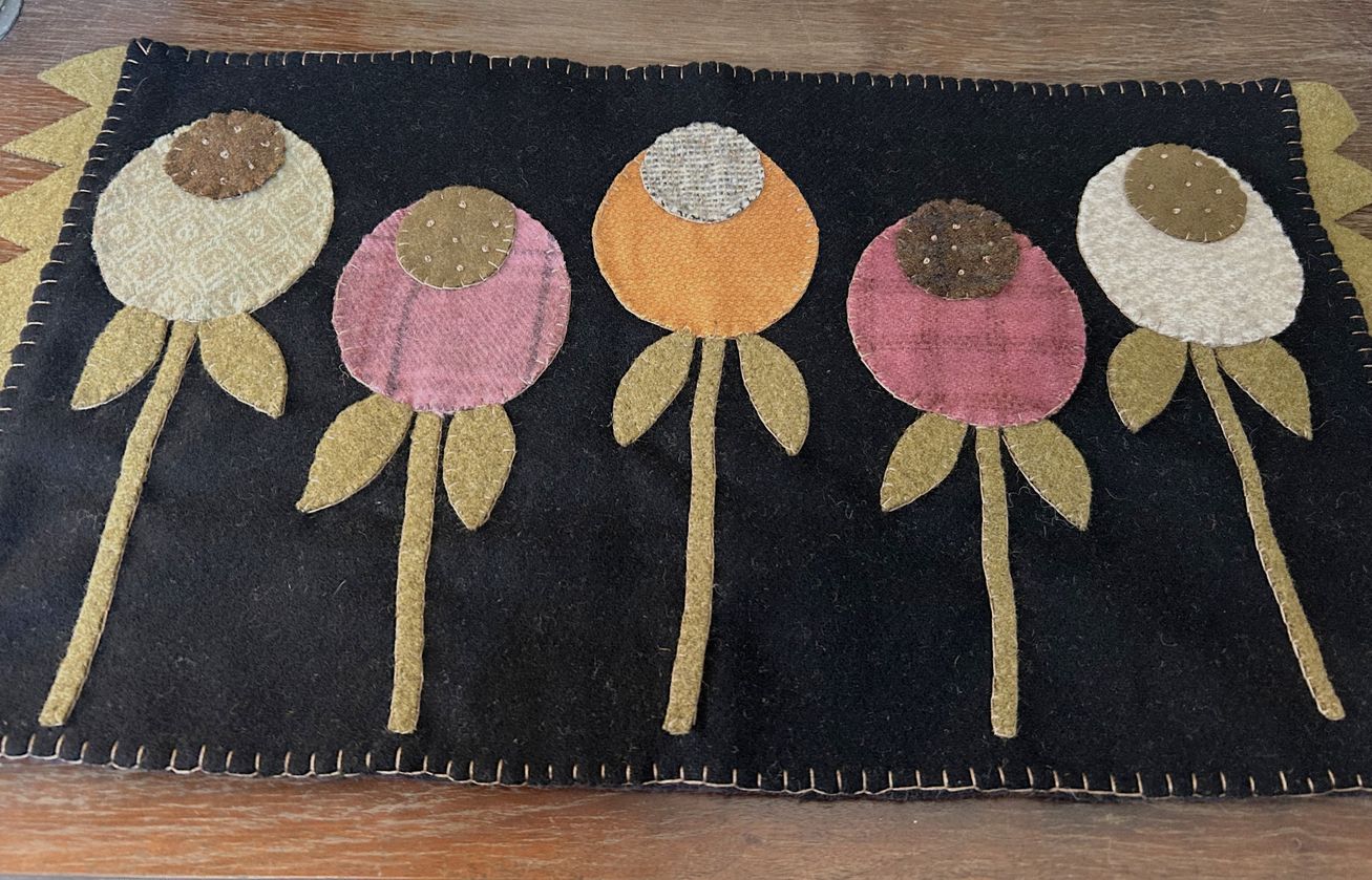 Handstitched Wool Applique Floral Table Runner | Handmade Hand Appliqued Table Topper