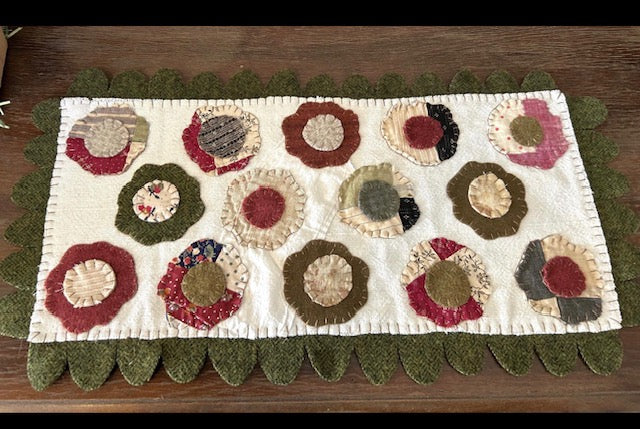 Handstitched Wool and Antique Quilt Applique Flower Table Runner | Handmade Hand Appliqued Table Topper