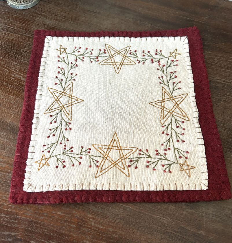 Primitive Handstitched Star and Vine Stitchery Candle Mat | Primitive Decor