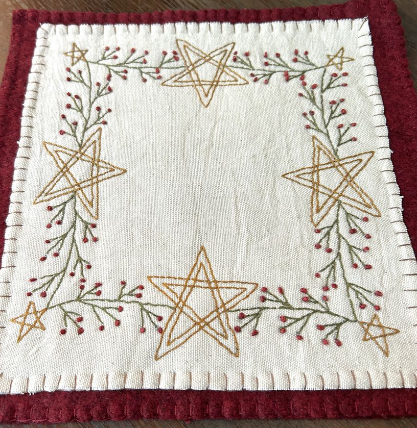 Primitive Handstitched Star and Vine Stitchery Candle Mat | Primitive Decor