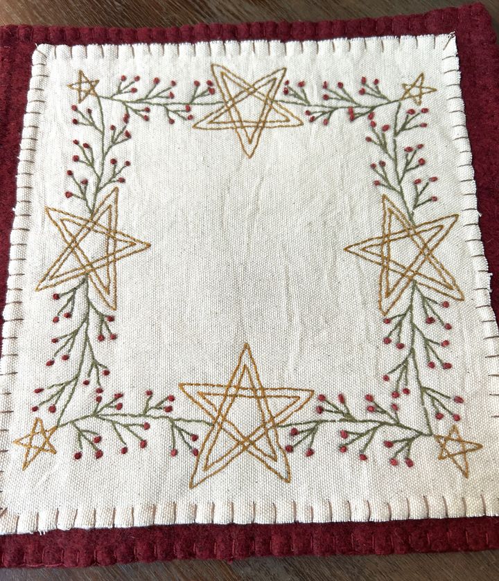Primitive Handstitched Star and Vine Stitchery Candle Mat | Primitive Decor