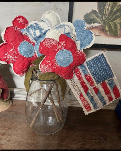 Primitive set of 5 Antique Quilt Flowers with Grain Sack Flag | Primitive Patriotic Decor