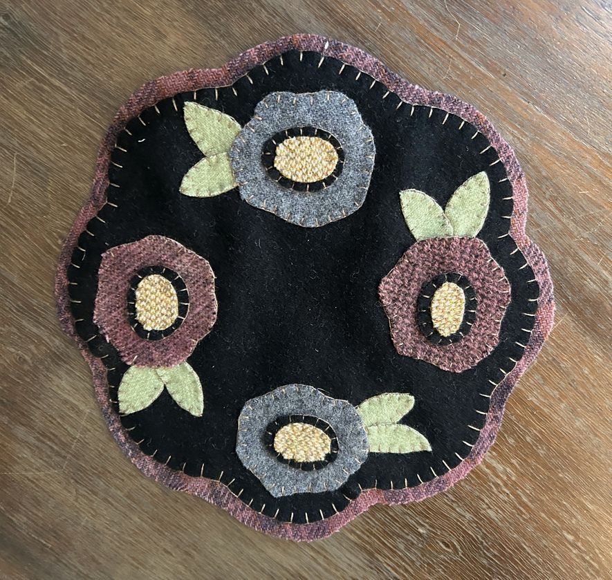 Wool Applique Floral Candle Mat | Handstitched Botanical Wool Table Mat