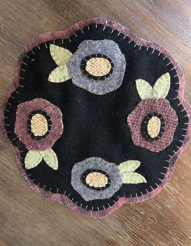Wool Applique Floral Candle Mat | Handstitched Botanical Wool Table Mat