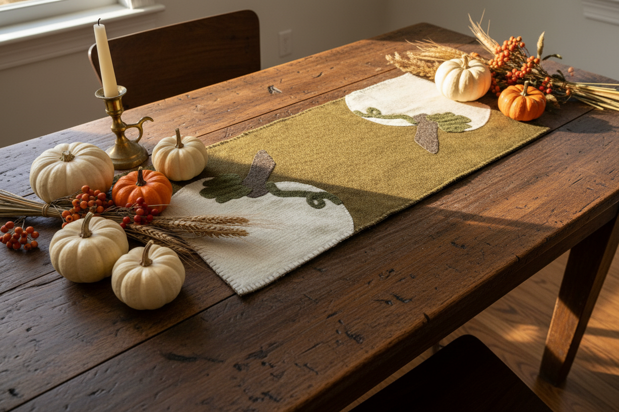 Handstitched Wool White Pumpkin Table Runner |