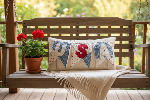 Antique Quilt and Grain Sack USA Banner Pillow