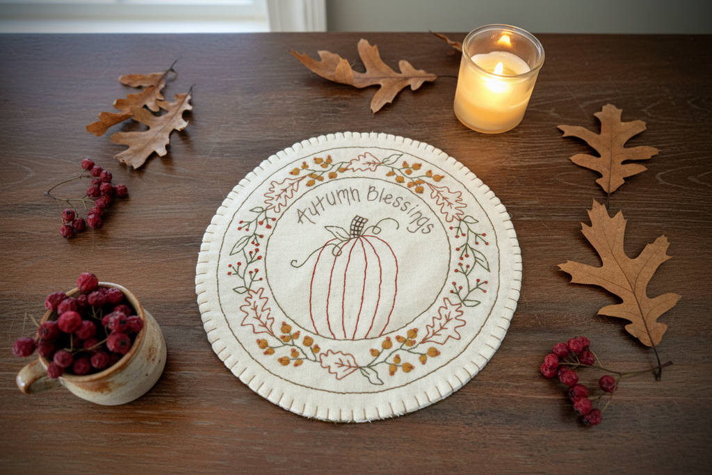 Handstitched Autumn Blessings Embroidered Candle Mat | Handmade Fall Decor
