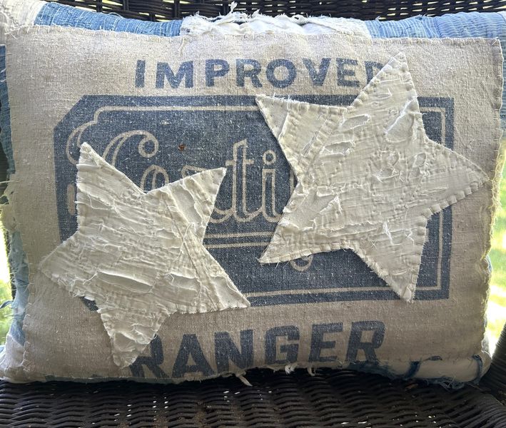 Primitive Feed Sack and Vintage Quilt Americana Pillow | Vintage Patriotic Decor