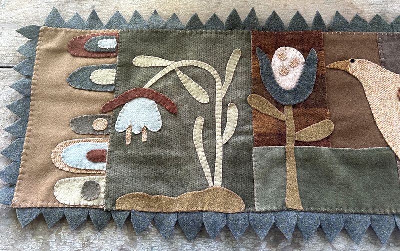 Primitive Handmade Wool Applique Folk Art Chicken Table Runner