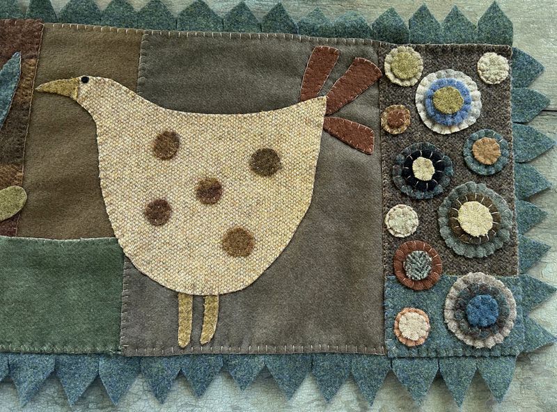 Primitive Handmade Wool Applique Folk Art Chicken Table Runner