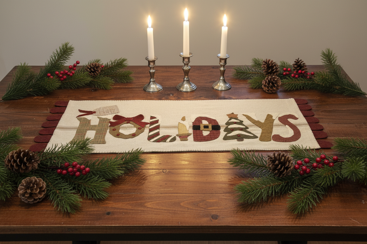 Handmade Wool Applique Happy Holidays Table Runner | Handstitched Wool Christmas Runner | Christmas Decor | Vintage Christmas