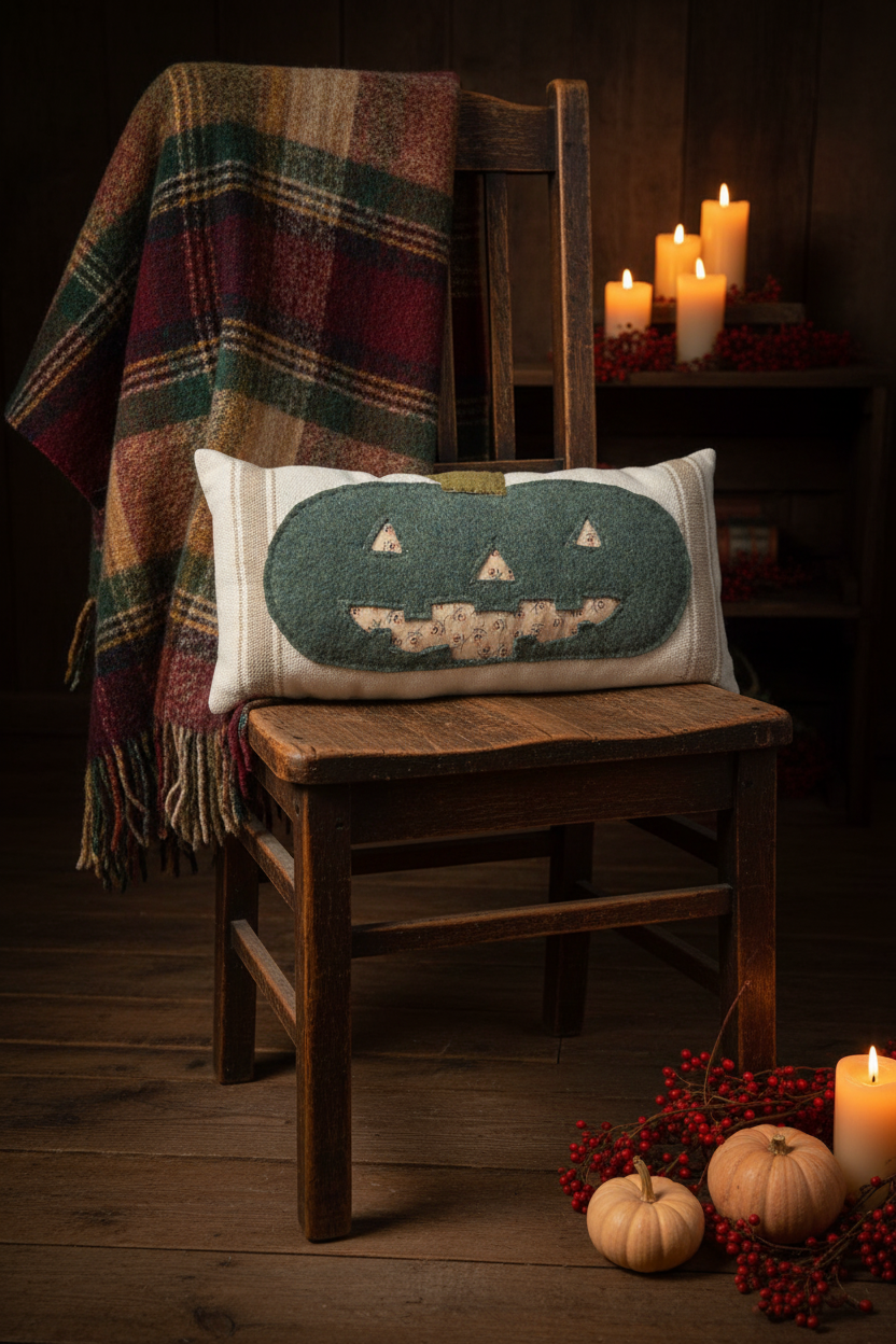 Primitive Jack O Lantern Wool Applique Pillow | Primitive Fall Decor