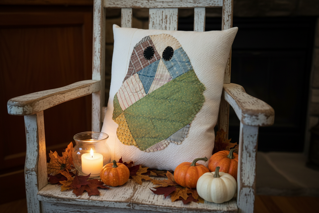 Antique Cutter Quilt Feed Sack Ghost Pillow | Vintage Halloween Decor