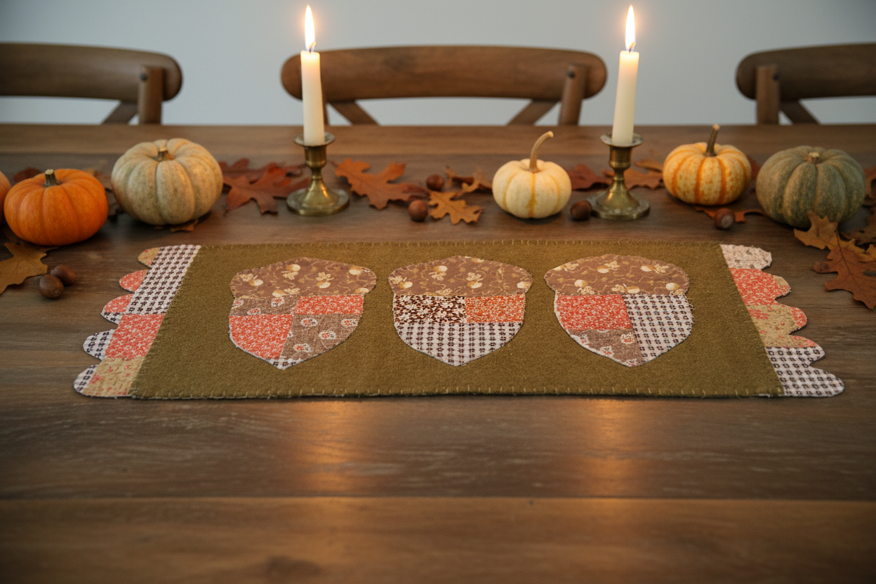 Antique Quilt Fall Acorn Wool Table Runner