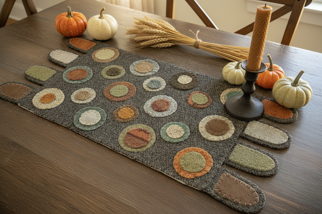 Primitive Handstitched Wool Penny Rug in Fall Colors