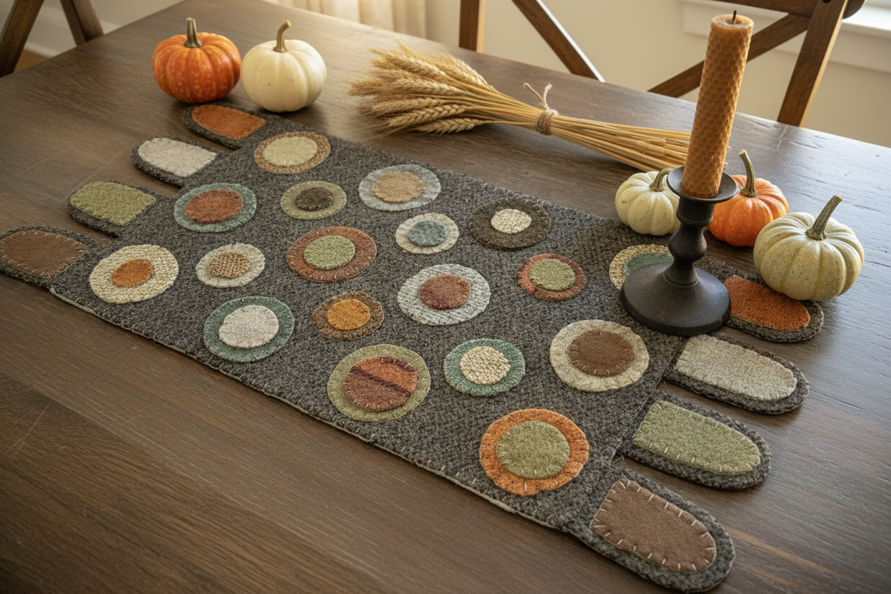 Primitive Handstitched Wool Penny Rug in Fall Colors