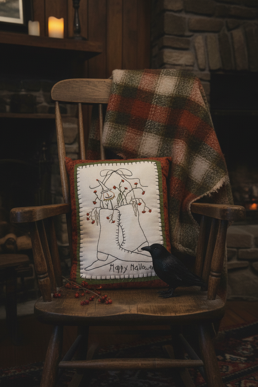 Primitive Happy Halloween Witch Boots Stitchery Pillow | Handmade Halloween Decor