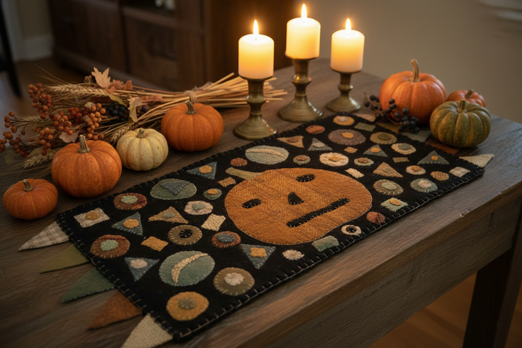 Primitive Confetti Jack Wool Applique Halloween Table Runner