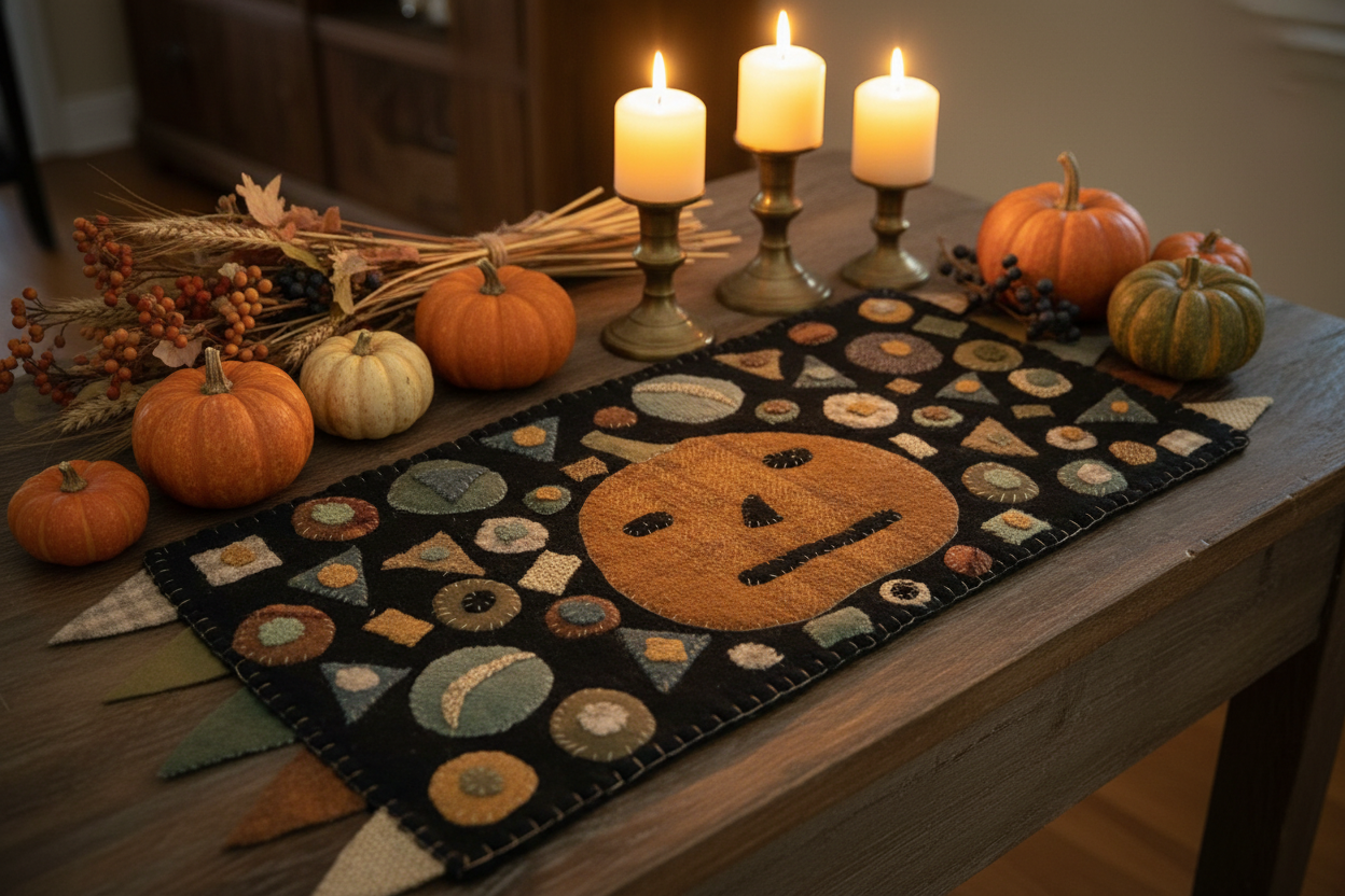 Primitive Confetti Jack Wool Applique Halloween Table Runner
