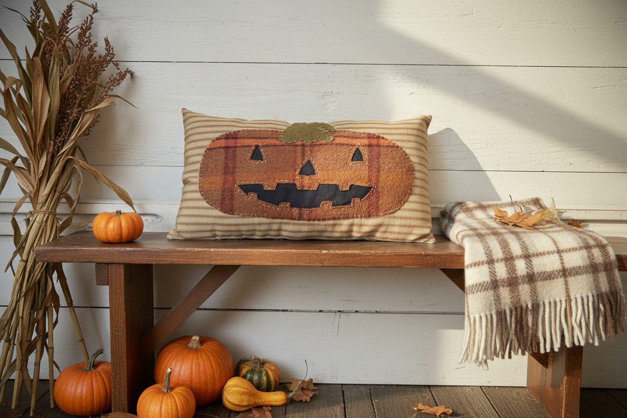 Primitive Wool Jack O Lantern Pillow | Handmade Fall Decor