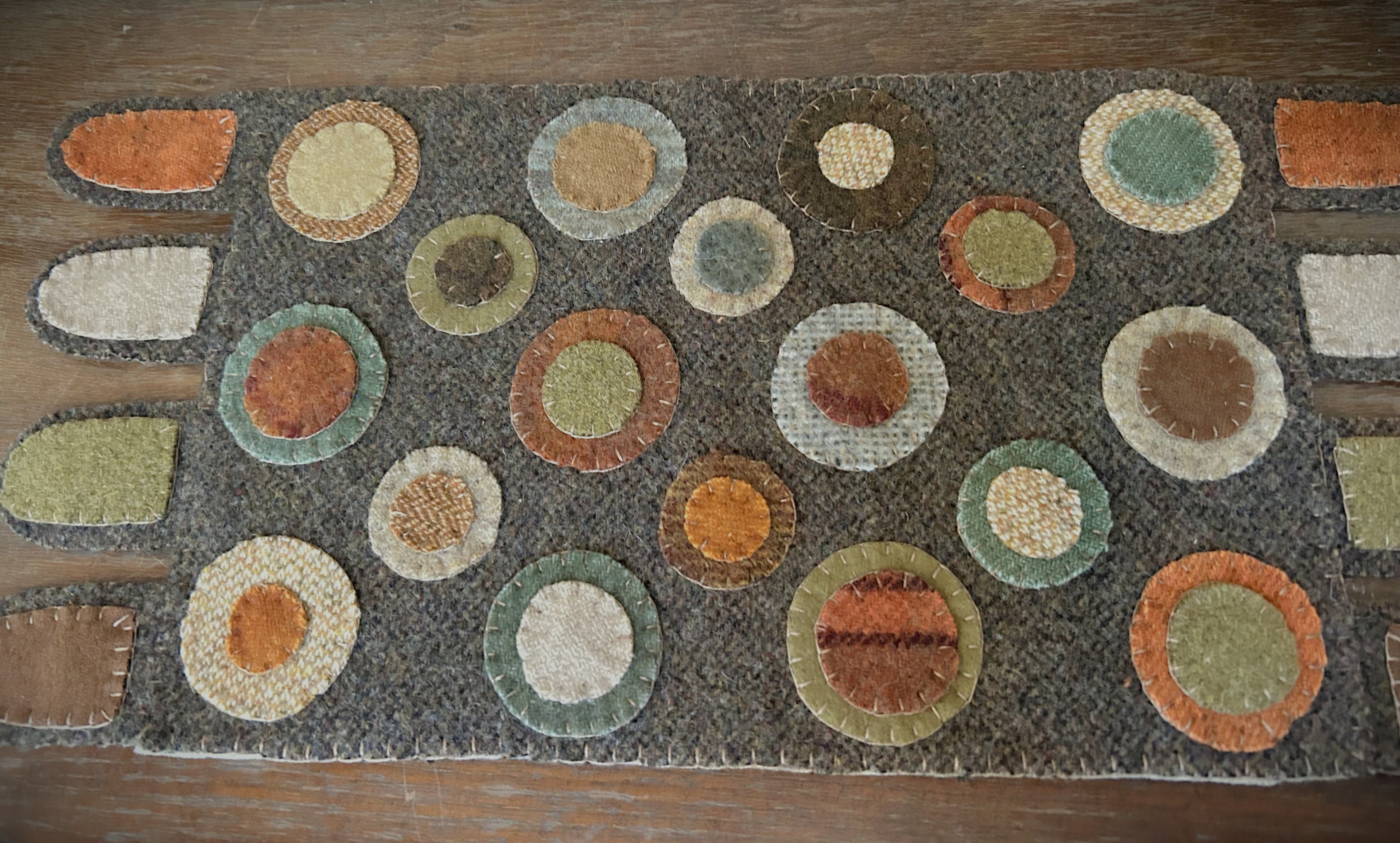 Primitive Handstitched Wool Penny Rug in Fall Colors