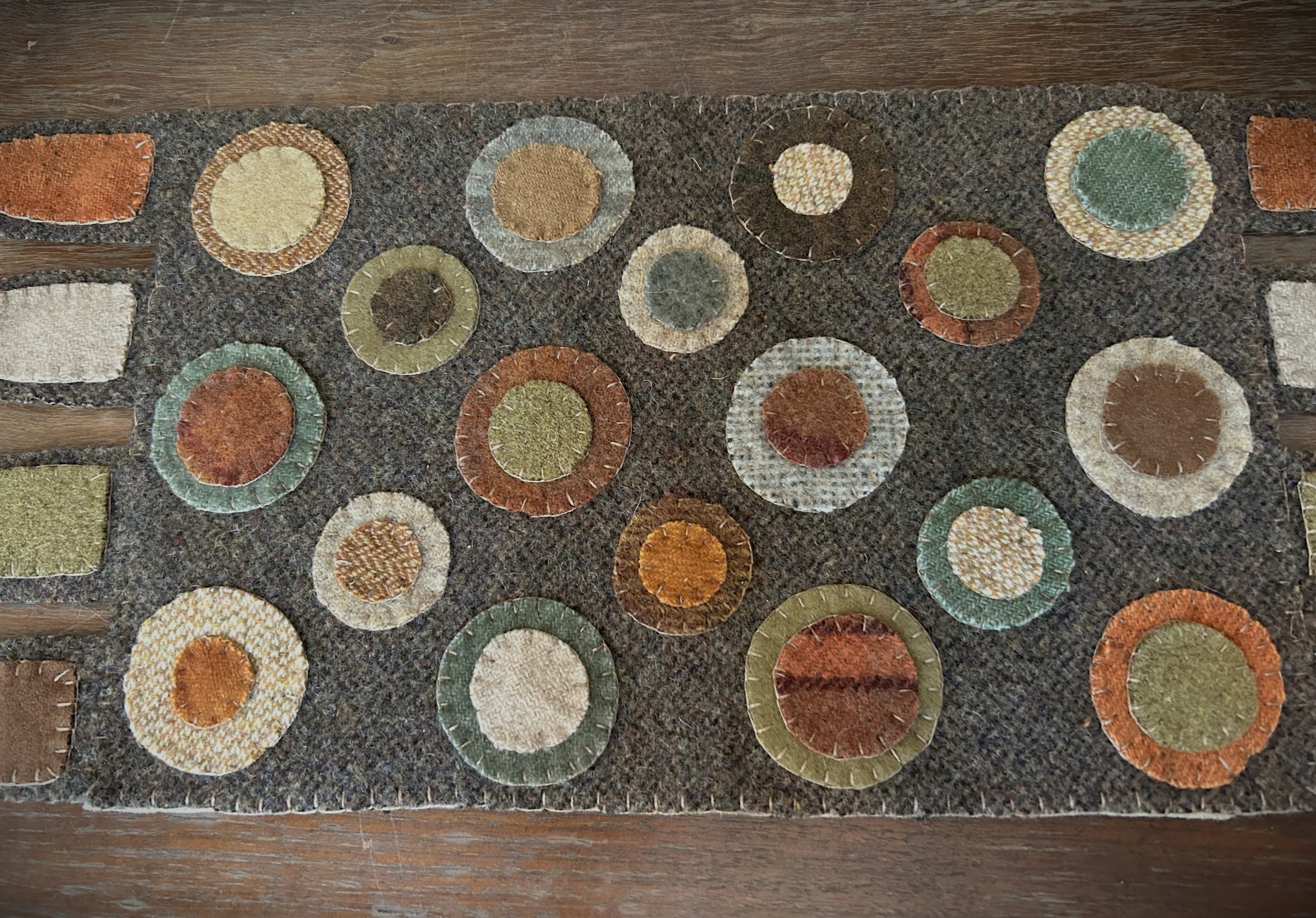 Primitive Handstitched Wool Penny Rug in Fall Colors