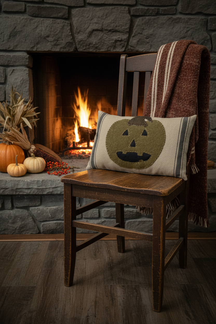 Primitive Wool Jack O Lantern Fall Pillow | Primitive Halloween Decor