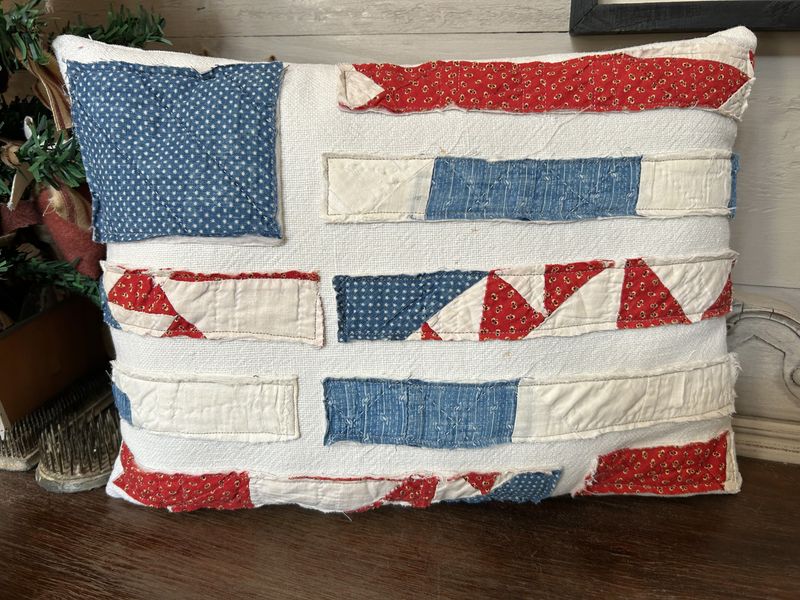 Handmade Antique Quilt Flag 4th of July Pillow | Antique Americana Decor