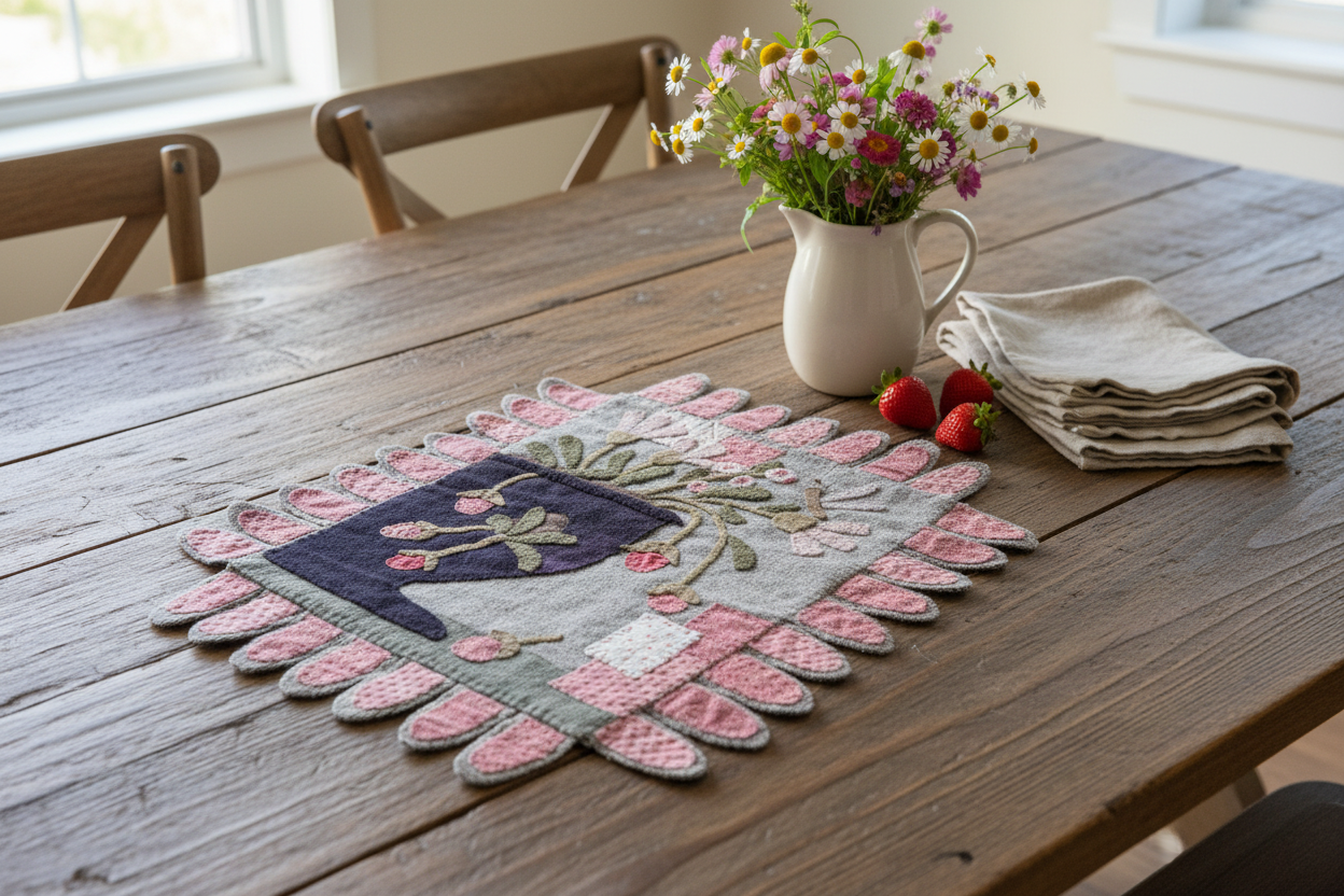Hand-Stitched Wool Strawberry Patch Table Runner