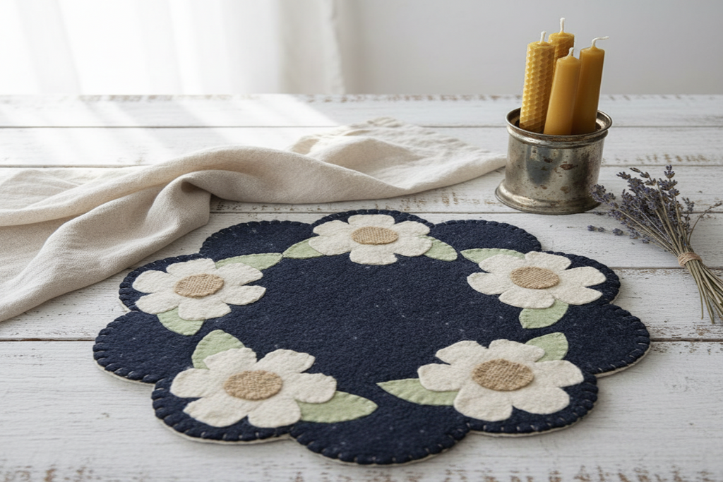 Handmade Wool Applique Daisy Candle Mat Variation