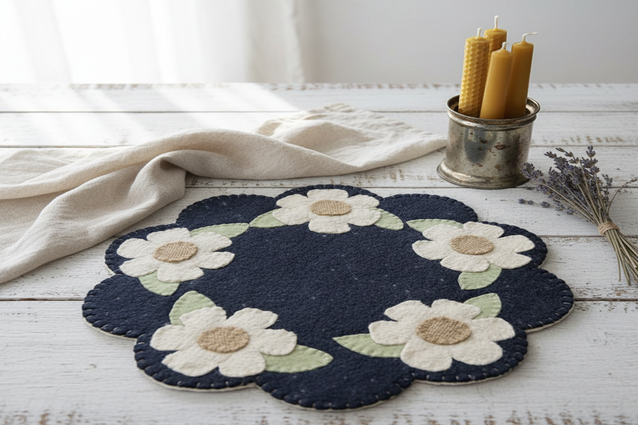 Handmade Wool Applique Daisy Candle Mat Variation