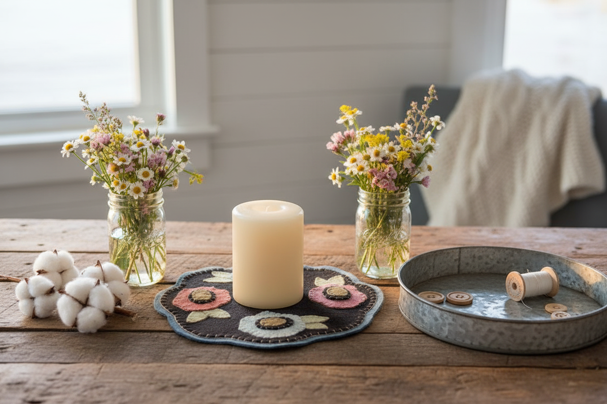 Handstitched Wool Applique Candle Mat - Farmhouse Style