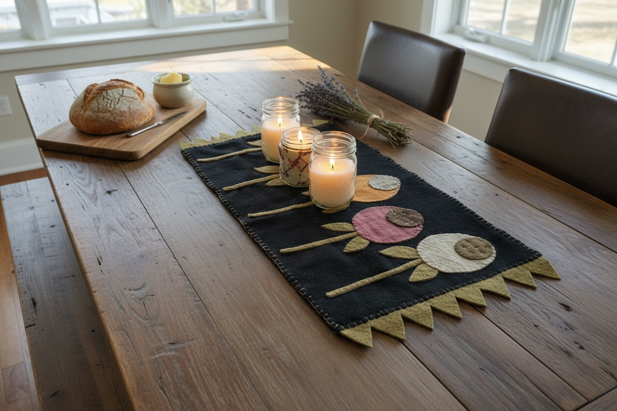 Handstitched Wool Applique Floral Table Runner - Farm Table